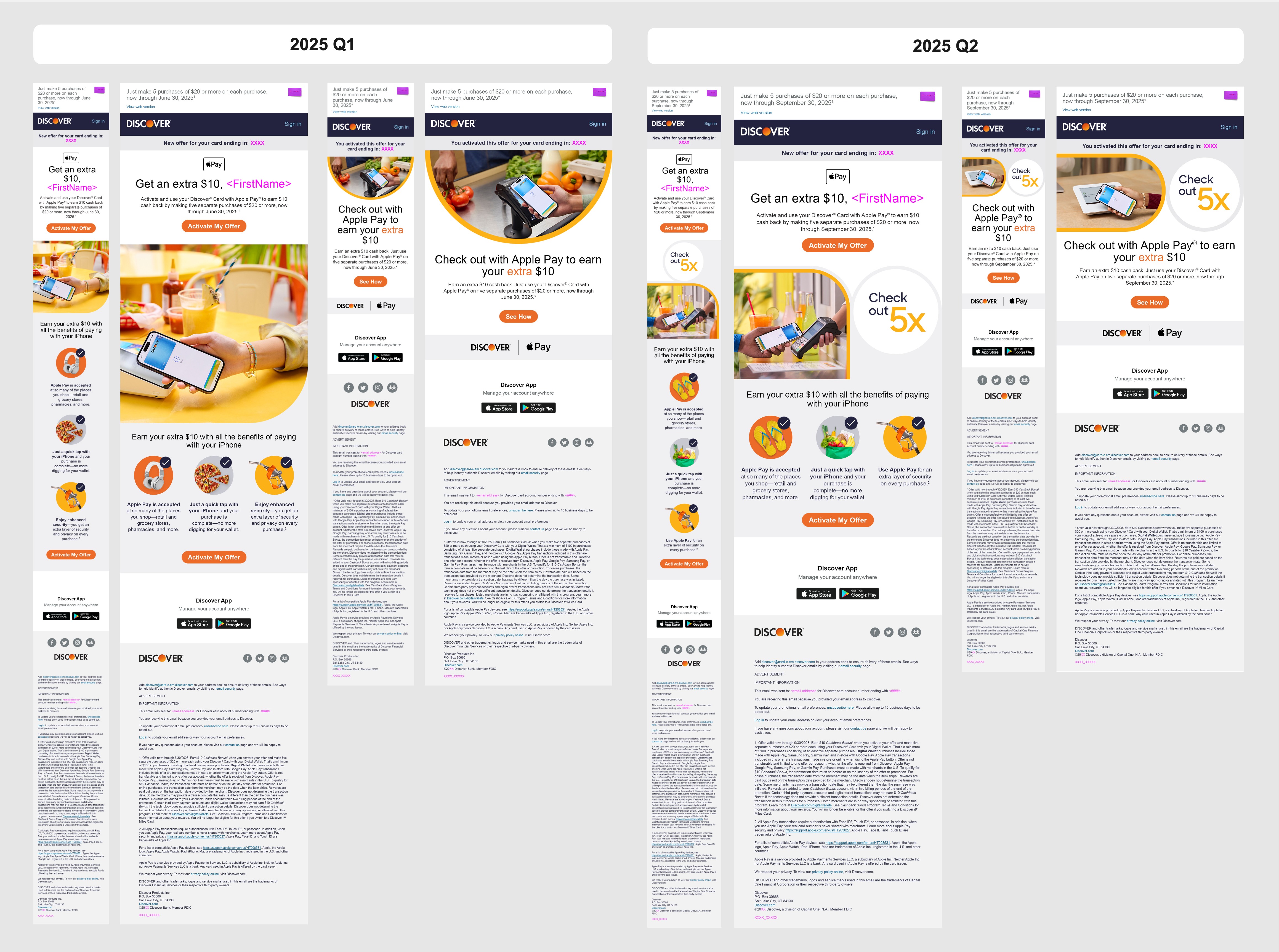 Comparison between previous quarter of Apple Pay email designs and the current quarter